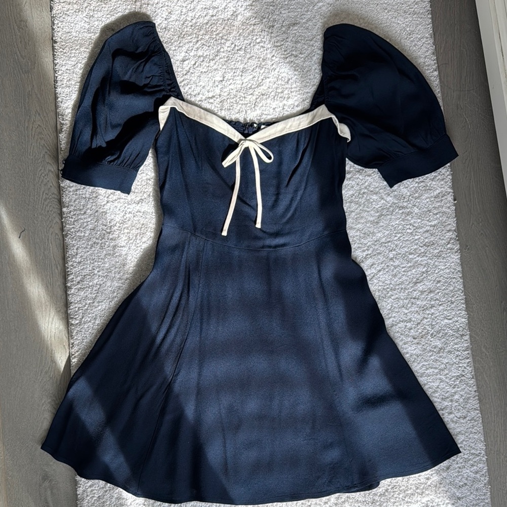 Reformation Navy Dress with Puff Sleeves and Bow Detail